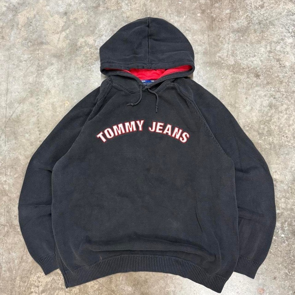 Vintage Tommy Hilfiger Tommy Jeans Knit Hoodie Black Y2K Embroidered XXL